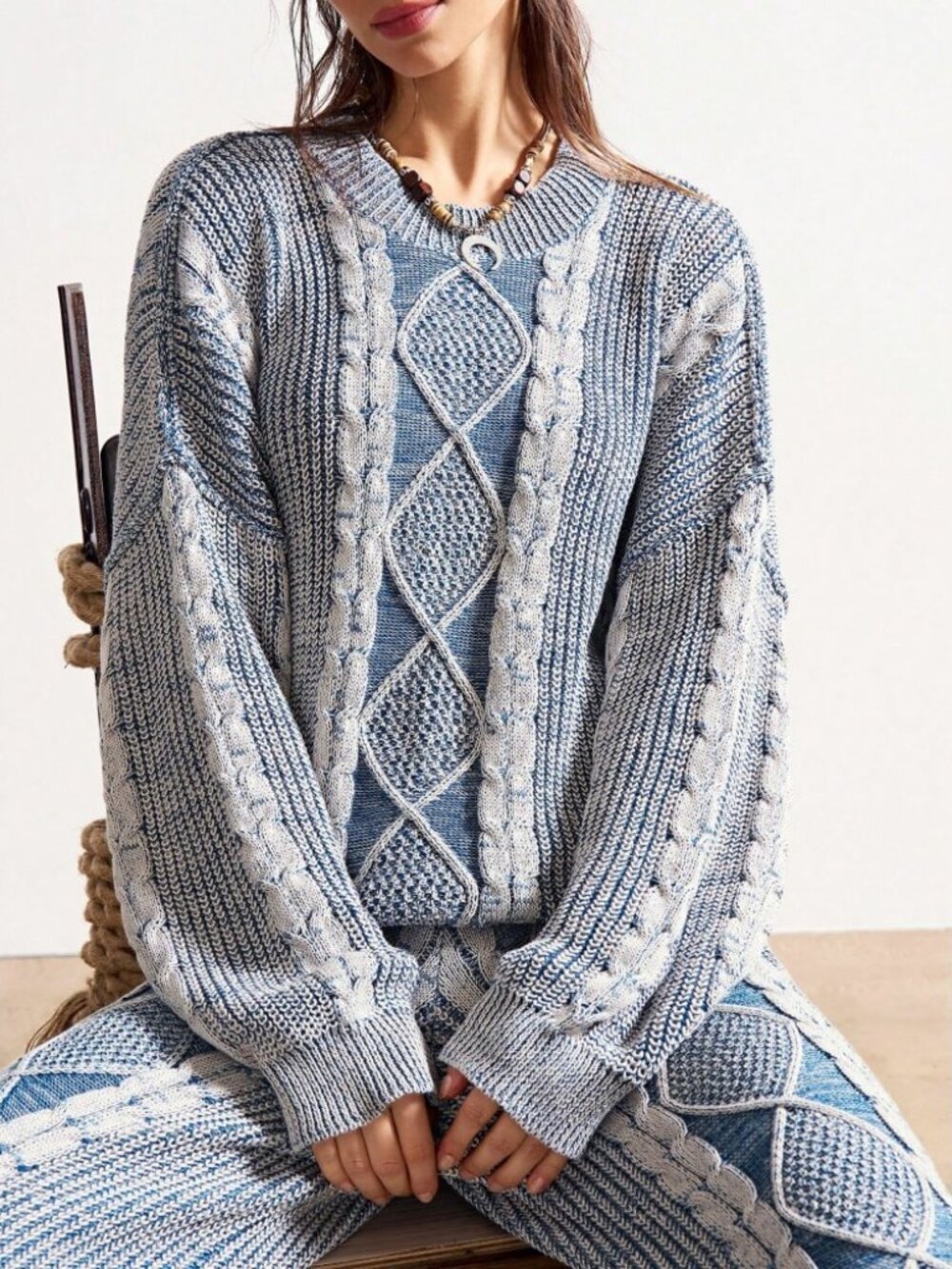Blue & Gray Marled Cable Knit Oversized Sweater